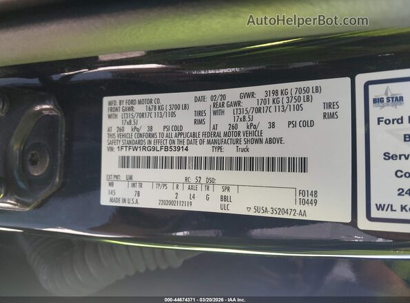 1FTFW1RG9LFB53914 2020 FORD F150 Черный Вид подкапотного пространства