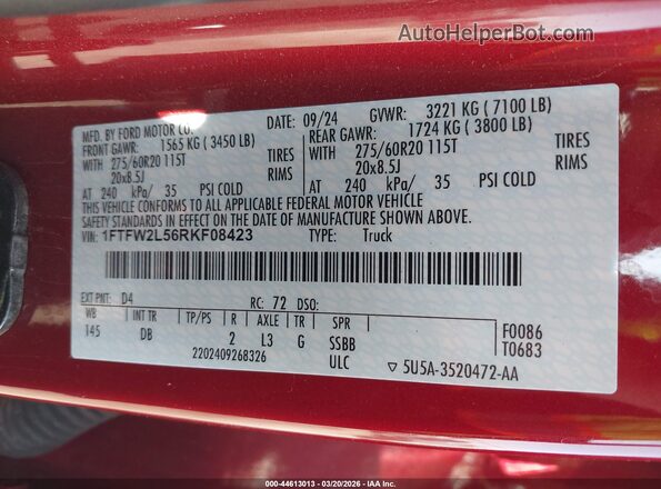 1FTFW2L56RKF08423 2024 FORD F150 Red Vista del compartimento del motor