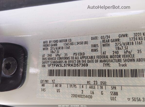 1FTFW3L57RKD57369 2024 FORD F150 White 