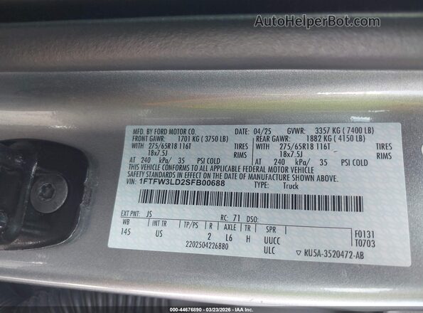 1FTFW3LD2SFB00688 2025 FORD F150 Gray Շարժիչի բաժամունքի տեսք