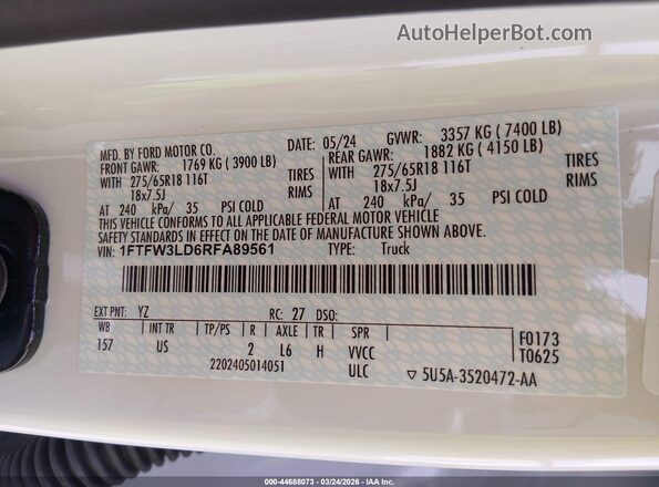 1FTFW3LD6RFA89561 2024 FORD F150 White Engine compartment view