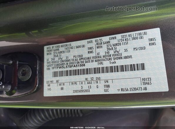 1FTFW5L57SFA51508 2025 FORD F150 Gray Widok komory silnika