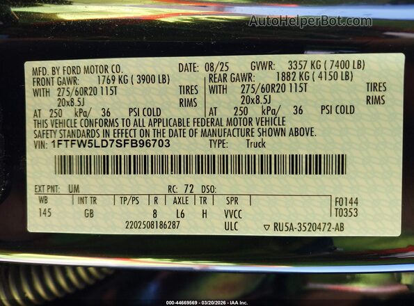 1FTFW5LD7SFB96703 2025 FORD F150 Black Շարժիչի բաժամունքի տեսք