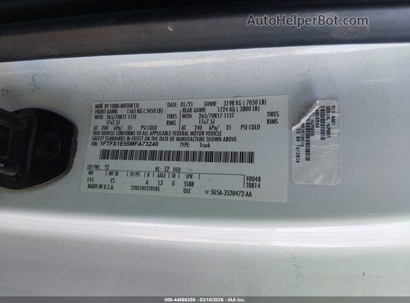 1FTFX1E55MFA73240 2021 FORD F150 White Vista del compartimento del motor