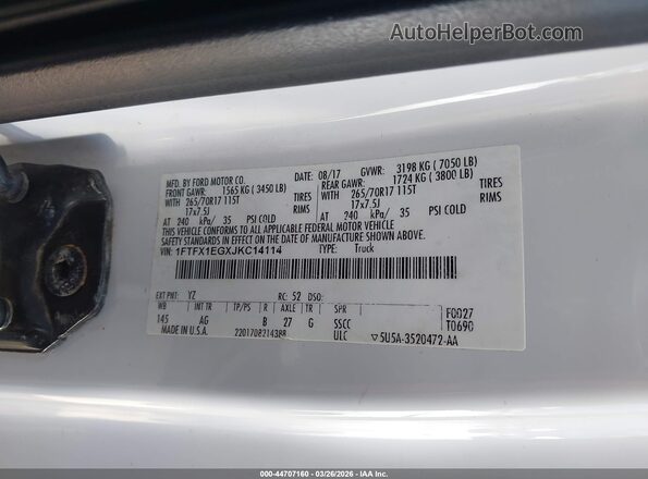 1FTFX1EGXJKC14114 2018 FORD F150 White Widok komory silnika