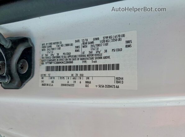 1FTMF1CB8KKC28080 2019 FORD F150 White 