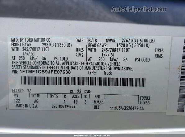 1FTMF1CB9JFE07638 2018 FORD F150 White Շարժիչի բաժամունքի տեսք