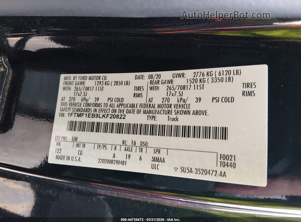 1FTMF1EB9LKF20822 2020 FORD F150 Black Вид підкапотного простору