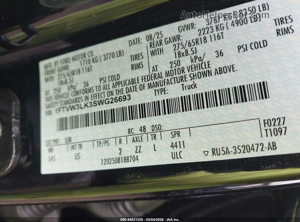 1FTVW3LK3SWG26693 2025 FORD F-150 LIGHTNING Black Вид підкапотного простору