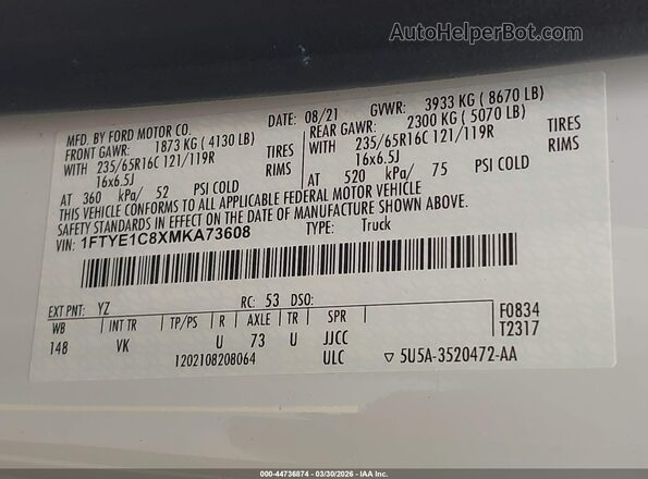 1FTYE1C8XMKA73608 2021 FORD TRANSIT-150 White Widok komory silnika