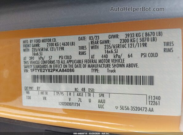 1FTYE2Y82PKA84086 2023 FORD TRANSIT-150 Yellow Вид наклейки з VIN-кодом