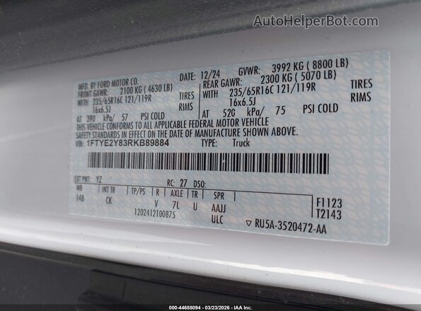 1FTYE2Y83RKB89884 2024 FORD TRANSIT-150 White Widok naklejki z numerem VIN