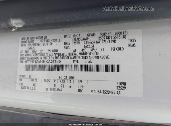 1FTYR1ZM1HKA27549 2017 FORD TRANSIT-250 White ძრავის განყოფილების ხედი