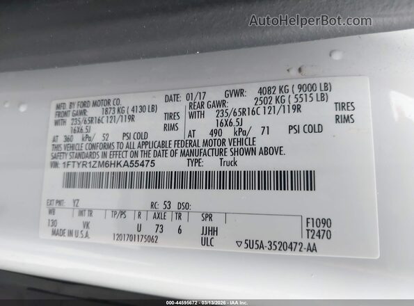1FTYR1ZM6HKA55475 2017 FORD TRANSIT-250 White Շարժիչի բաժամունքի տեսք