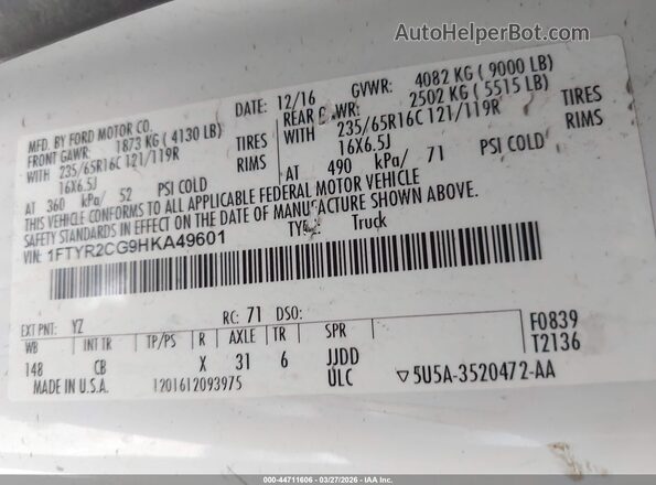 1FTYR2CG9HKA49601 2017 FORD TRANSIT-250 White Engine compartment view