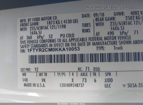 1FTYR2CM0KKA10053 2019 FORD TRANSIT-250 White Вид підкапотного простору