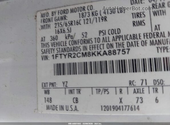 1FTYR2CM8KKA88757 2019 FORD TRANSIT-250 Белый Вид подкапотного пространства