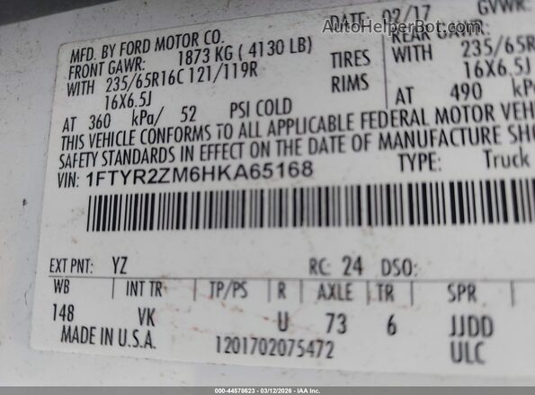 1FTYR2ZM6HKA65168 2017 FORD TRANSIT-250 White Շարժիչի բաժամունքի տեսք