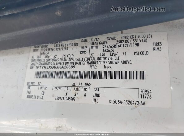 1FTYR3XG6JKA20689 2018 FORD TRANSIT-250 White Widok komory silnika