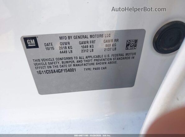 1G11C5SA4GF154001 2016 CHEVROLET MALIBU Белый Вид подкапотного пространства