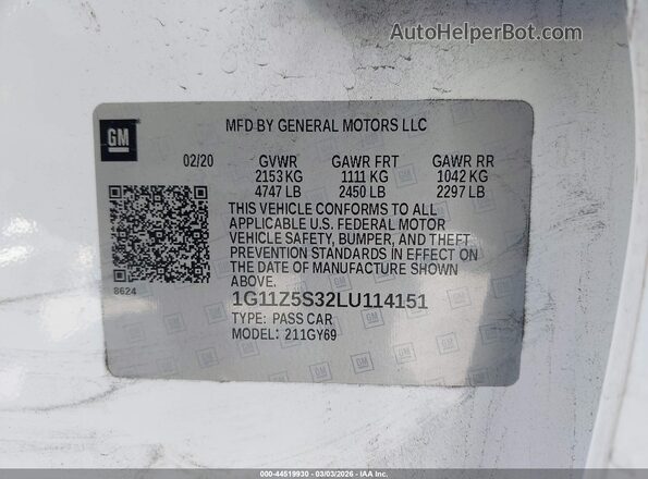 1G11Z5S32LU114151 2020 CHEVROLET IMPALA White Вид підкапотного простору