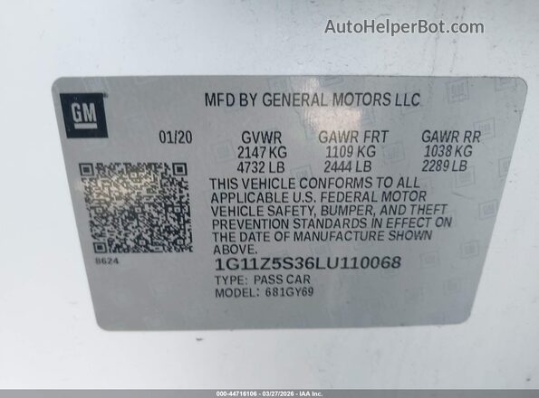 1G11Z5S36LU110068 2020 CHEVROLET IMPALA Белый Вид подкапотного пространства