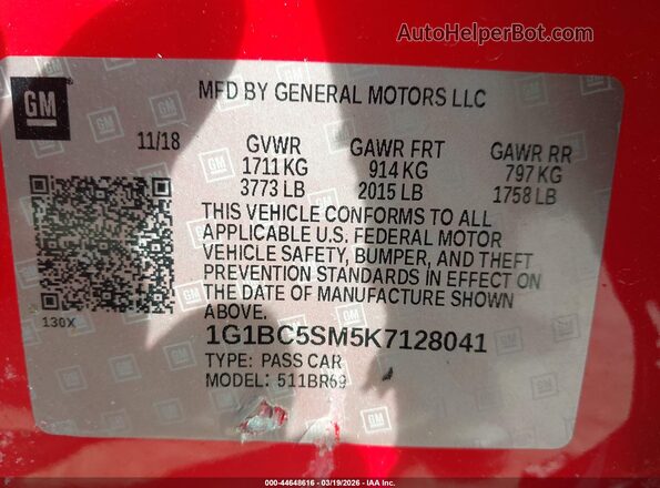 1G1BC5SM5K7128041 2019 CHEVROLET CRUZE Красный 