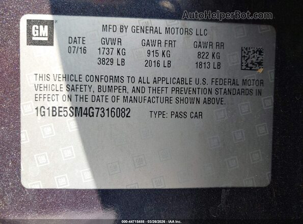 1G1BE5SM4G7316082 2016 CHEVROLET CRUZE Blue ძრავის განყოფილების ხედი