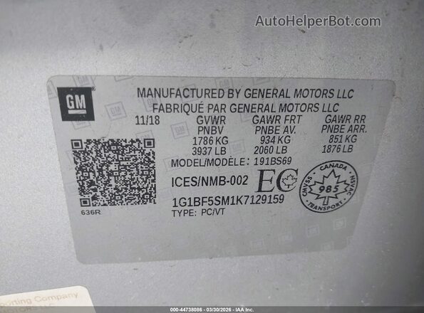1G1BF5SM1K7129159 2019 CHEVROLET CRUZE Silver Вид підкапотного простору