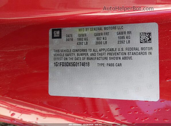 1G1FD3DX5G0174818 2016 CHEVROLET CAMARO Red Vista del compartimento del motor