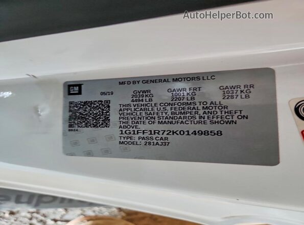 1G1FF1R72K0149858 2019 CHEVROLET CAMARO Белый 