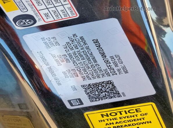1G1FF1R74N0104182 2022 CHEVROLET CAMARO Black Vista de la etiqueta del VIN