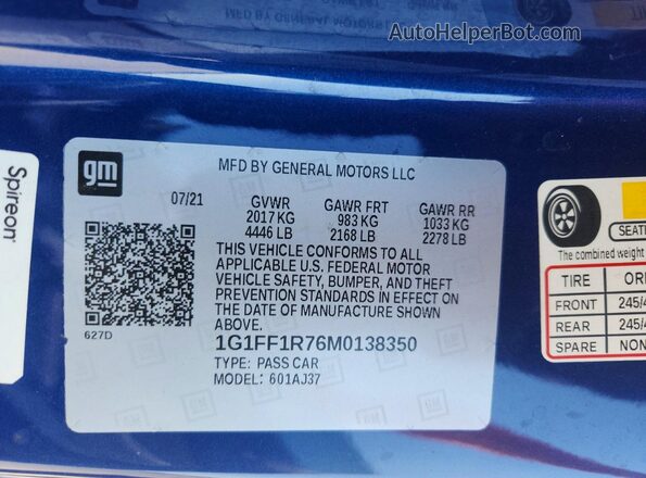 1G1FF1R76M0138350 2021 CHEVROLET CAMARO Blue Շարժիչի բաժամունքի տեսք