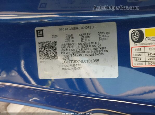 1G1FF3D74L0101055 2020 CHEVROLET CAMARO Blue Vista del compartimento del motor