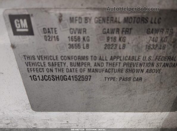 1G1JC6SH0G4152597 2016 CHEVROLET SONIC White Vista del compartimento del motor