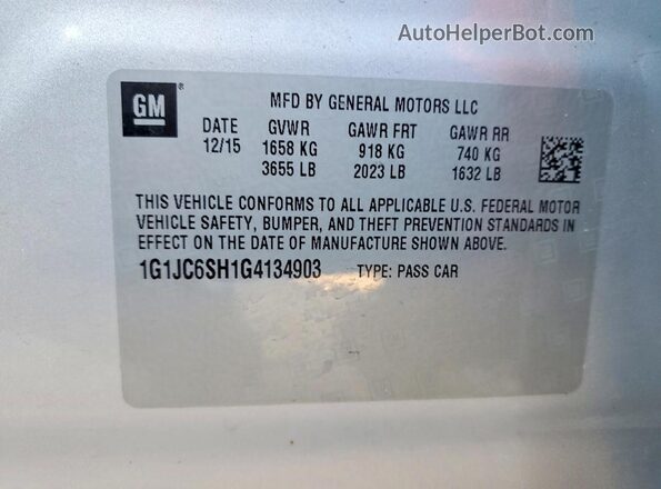 1G1JC6SH1G4134903 2016 CHEVROLET SONIC Silver VIN կոդի պիտակի տեսք