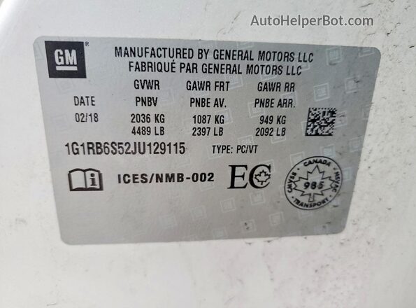 1G1RB6S52JU129115 2018 CHEVROLET VOLT White 