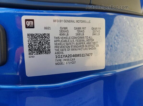 1G1YA2D46M5117477 2021 CHEVROLET CORVETTE Blue 