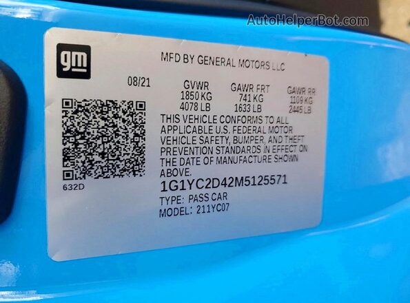 1G1YC2D42M5125571 2021 CHEVROLET CORVETTE Blue VIN sticker view