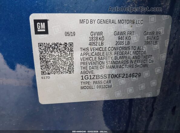 1G1ZB5ST0KF214629 2019 CHEVROLET MALIBU Blue ძრავის განყოფილების ხედი