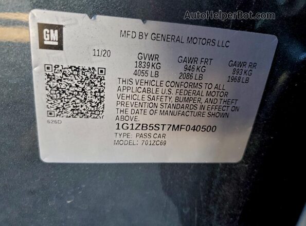 1G1ZB5ST7MF040500 2021 CHEVROLET MALIBU Угольный Вид подкапотного пространства