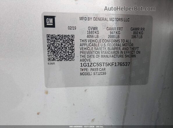 1G1ZC5ST5KF176537 2019 CHEVROLET MALIBU Silver Вид підкапотного простору