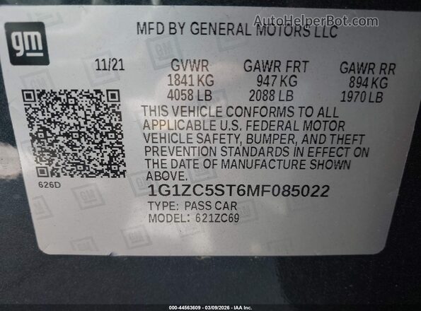 1G1ZC5ST6MF085022 2021 CHEVROLET MALIBU Gray Engine compartment view