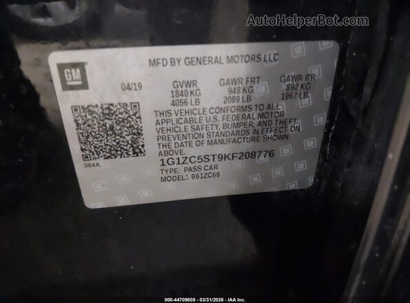 1G1ZC5ST9KF208776 2019 CHEVROLET MALIBU Черный Вид подкапотного пространства