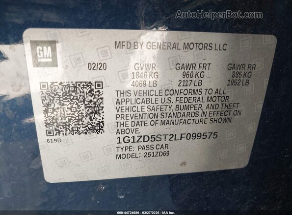 1G1ZD5ST2LF099575 2020 CHEVROLET MALIBU Blue Вид підкапотного простору