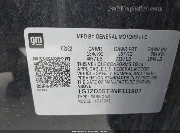 1G1ZD5ST4NF111907 2022 CHEVROLET MALIBU Черный Вид подкапотного пространства