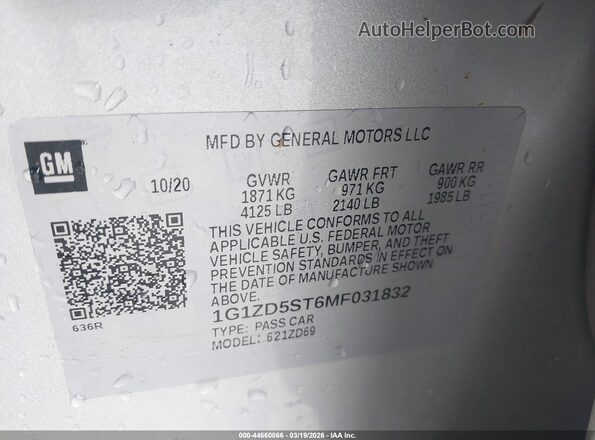 1G1ZD5ST6MF031832 2021 CHEVROLET MALIBU Silver Widok komory silnika