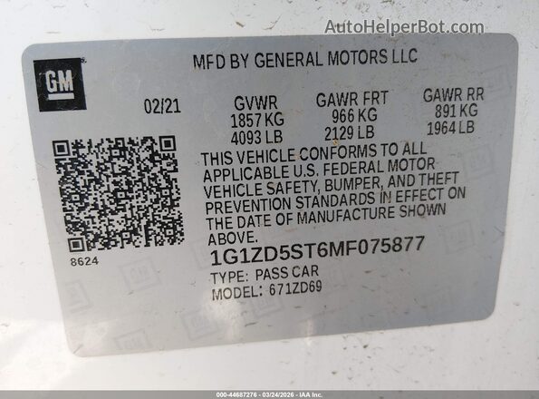 1G1ZD5ST6MF075877 2021 CHEVROLET MALIBU White Widok komory silnika