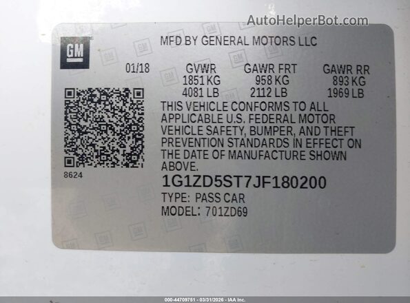 1G1ZD5ST7JF180200 2018 CHEVROLET MALIBU Белый Вид подкапотного пространства