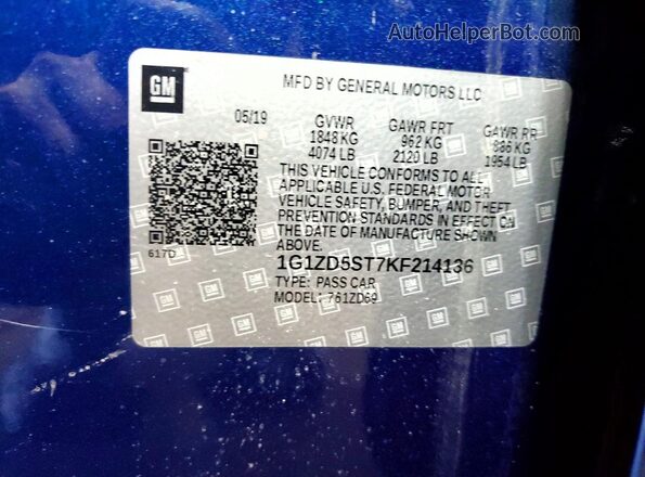 1G1ZD5ST7KF214136 2019 CHEVROLET MALIBU Blue Vista de la etiqueta del VIN